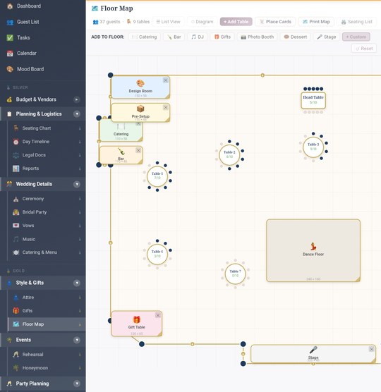 Altar interactive floor map with drag-and-drop table layout for wedding reception